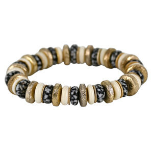 Akola Black White Ivory Glass Beaded Gold Coin Stretch Bracelet